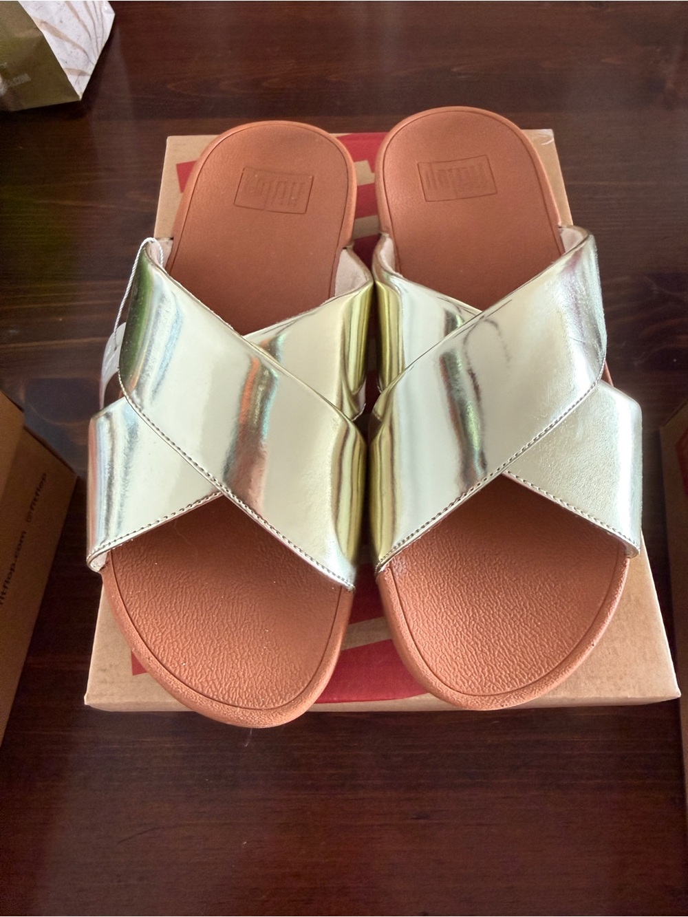 FitFlop Metallic Gold Cross-Strap Slide Sandals